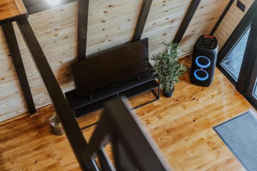 an overhead view of a living room with a couch and a plant at A frame pool house in Ledinci