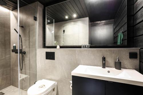 un bagno con lavandino, doccia e WC di Maisemasviitit Ellivuori Resort a Karkku