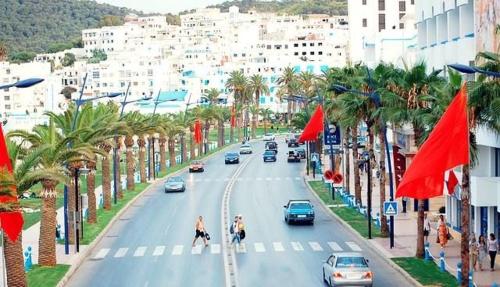 a city street with cars and palm trees and cars at Appartement Mdiq in M'diq
