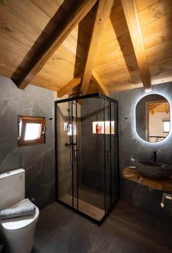 a bathroom with a shower and a toilet at Korifes Meteora lithari 01 in Kalabaka