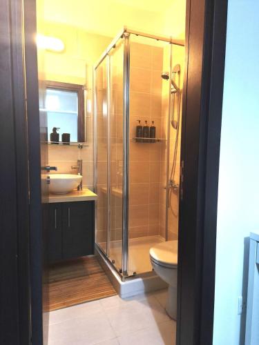 a bathroom with a shower and a sink and a toilet at Harmonia Home in Paralimni