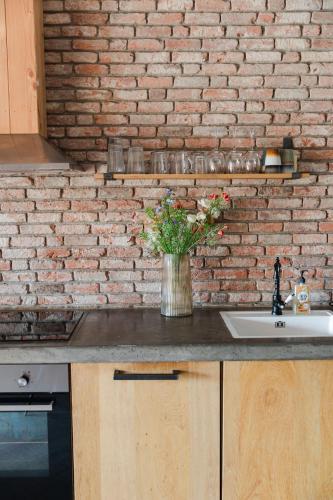 een aanrecht met een wastafel en een bakstenen muur bij Hof Driewegen in Driewegen