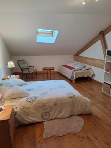 Saint-GoursonにあるLa grange Marieのベッドルーム1室(ベッド2台、天窓付)