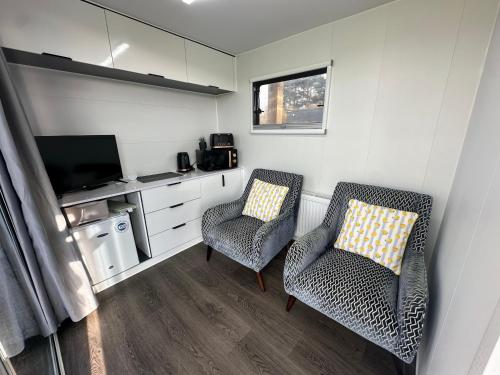 BallynameenにあるThe Little Pod - Forest Viewの椅子2脚とテレビのあるリビングルーム