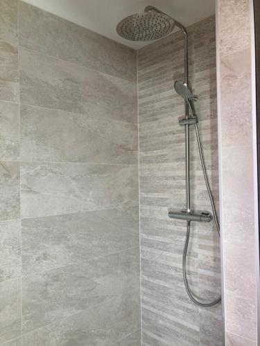 een douche met een douchekop in een badkamer bij Eulia, A l'Orée des Vignes in Orschwiller