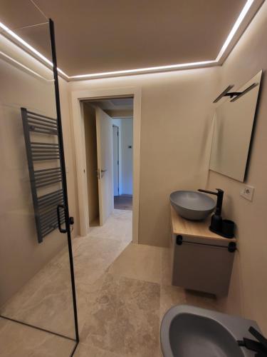 ein Badezimmer mit einem Waschbecken und einer Schüssel auf der Theke in der Unterkunft La Dimora del Monte Bianco in Aosta