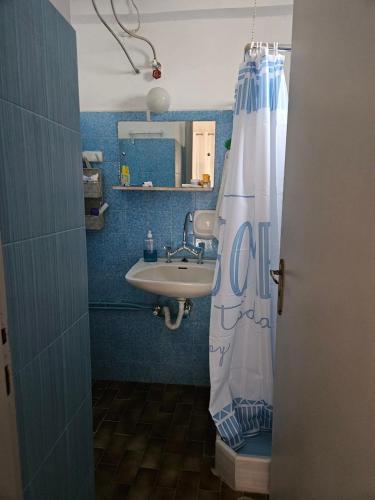 a bathroom with a sink and a shower curtain at Aghia Marina, Aegina Studio in Aegina Town
