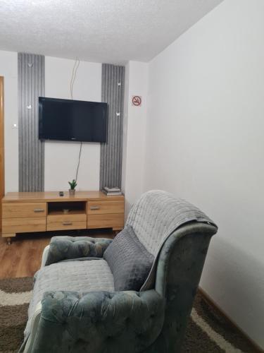 a living room with a couch and a flat screen tv at Vila AT in Sarajevo