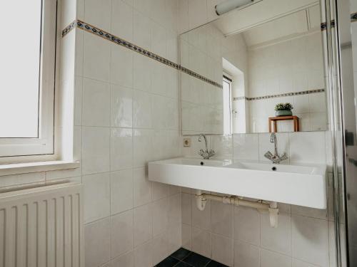a white bathroom with a sink and a mirror at Apartment in Waterpark in Uitgeest in Uitgeest