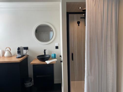 a bathroom with a sink and a shower at 'het Haasje' in Hedel