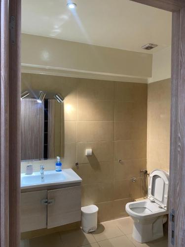 Un baño con inodoro, lavabo y espejo. en Appartement lumineux à 5 minutes de la gare, en Casablanca