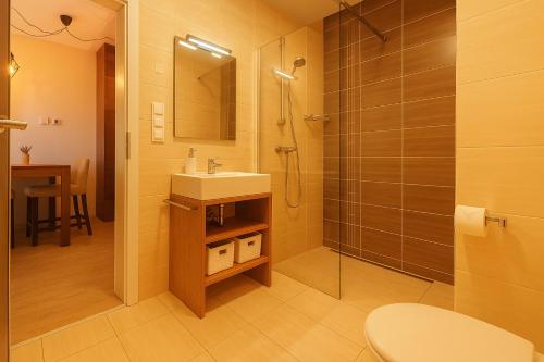 a bathroom with a sink and a shower and a toilet at Apartmán Sivý vlk Hrebienok Rezort in Smokovce