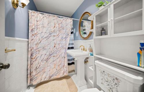 Un baño con cortina de ducha y lavabo. en Casa de campo para días inolvidables!, en Danbury