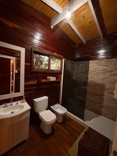 a bathroom with a toilet and a sink and a shower at Lomas Del Delta in Esquina