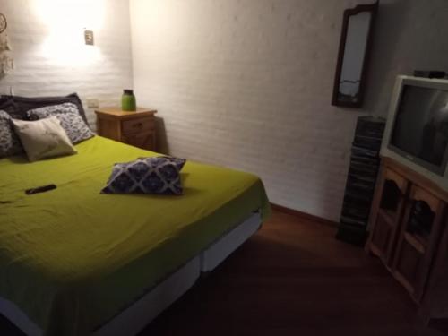 ein Schlafzimmer mit einem gelben Bett und einem TV in der Unterkunft casa Sierras in Sierra de los Padres