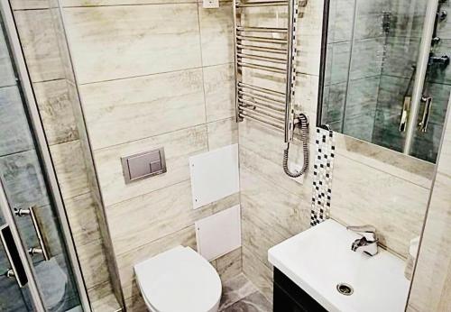 een badkamer met douche, toilet en wastafel bij M&M Apartment I SELF CHECK-IN near Panevezys in Velžys