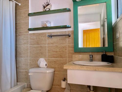 a bathroom with a toilet and a sink and a mirror at Cadaques Bayahibe Family Apts in Bayahibe