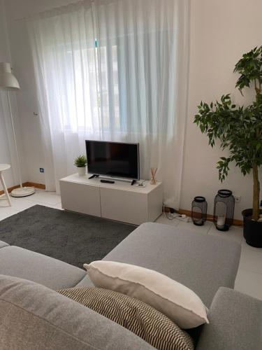a living room with a couch and a tv at Lovely and Cozy Quiaios 1 Bed Apartment in Palheiros de Quiaios