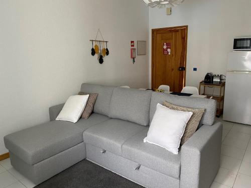 a living room with a gray couch with pillows at Lovely and Cozy Quiaios 1 Bed Apartment in Palheiros de Quiaios