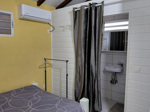 a bedroom with a bed and a sink in a room at Bungalow Dumonter in Baie-Mahault