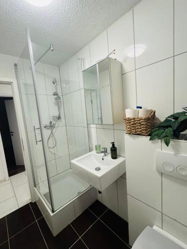 a white bathroom with a shower and a sink at FeWo Im Drosselnest in Hechingen