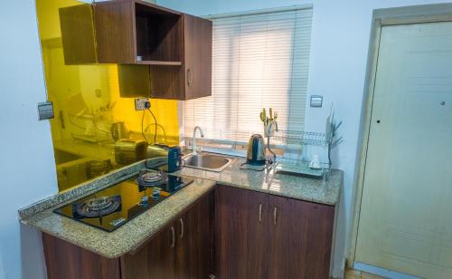 a kitchen with a sink and a counter top at Kings Apartment Ikeja in Ikeja