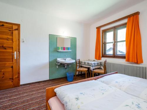 a bedroom with a bed and a sink at Schwoichbauer II in Saalbach Hinterglemm