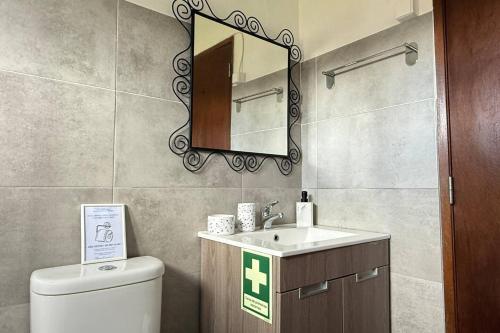 a bathroom with a toilet and a sink and a mirror at Casa Vale de Água em Santarém in Santarém