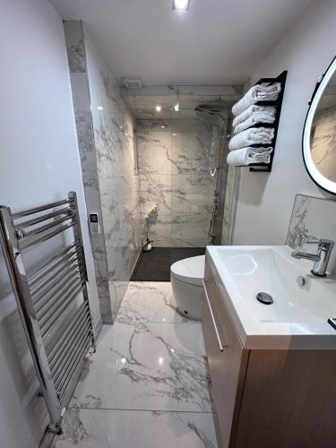 a white bathroom with a toilet and a sink at Peaceful and Stylish Garden Flat Close to Transport and City Centre in Glasgow
