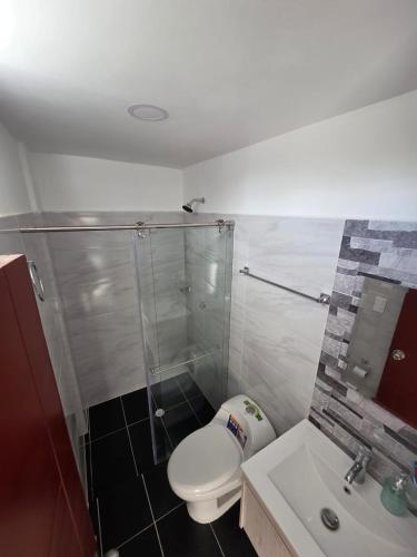 a bathroom with a toilet and a shower and a sink at Apartamento familiar, tranquilo in Curití