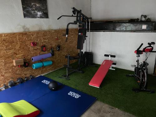 una habitación con un gimnasio con cinta de correr y equipo de ejercicios en les petits sportifs, en Léré