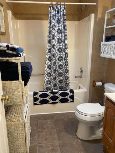 a bathroom with a toilet and a bathtub with a shower curtain at CountryMusic B&B Studios in Camden