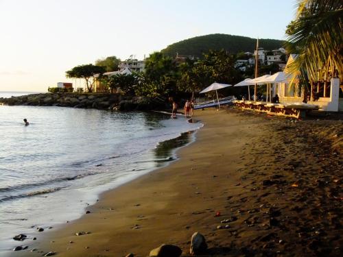 a beach with people walking on the sand and the water at LOGEMENT REZ DE JARDIN A 4mn DES PLAGES in Case-Pilote