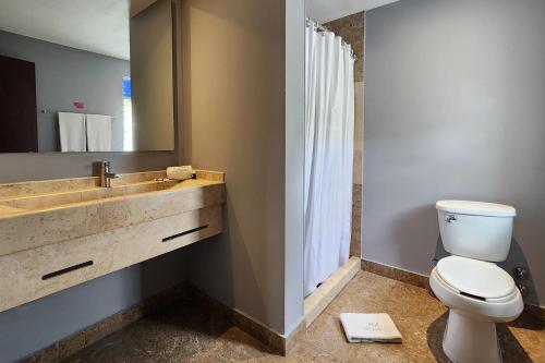 a bathroom with a sink and a toilet and a mirror at Hotel MX forum buenavista CDMX, Trademark by Wyndham in Mexico City