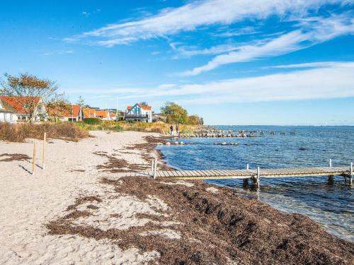 a sandy beach with a dock in the water at 4 person holiday home on a holiday park in Hejls in Hejls