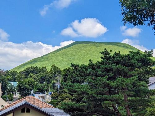 uma colina verde com árvores em frente em SAKURA Cottage Izukogen em Ito