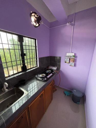 cocina con paredes de color púrpura, lavabo y ventana en Niroda Guest House, Jorhat, en Jorhat