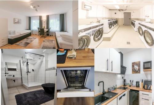 a collage of photos of a kitchen and a bathroom at Hotel Essen mit Apartments in Essen