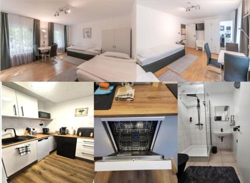a collage of photos of a kitchen and a living room at Hotel Essen mit Apartments in Essen