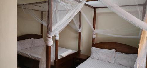 two bunk beds in a bedroom with white curtains at Diani Airport View Apartments in Diani Beach