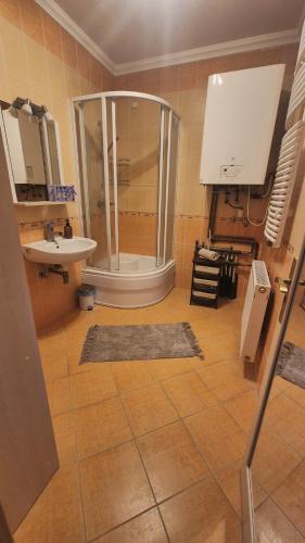 a bathroom with a shower and a sink at GSH Apartman 1 in Debrecen
