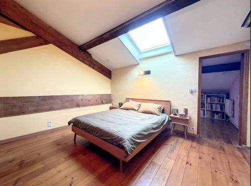 a bedroom with a large bed and a skylight at Agréable chambre d'hôte chez l'habitant in Perpignan