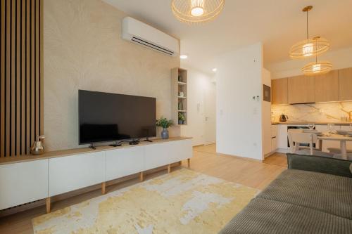 バラトンセメッシュにあるSzemesBay Apartmentのリビングルーム(壁に大画面薄型テレビ付)