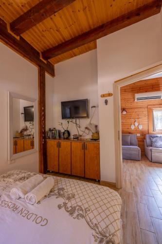 a bedroom with a bed and a flat screen tv at ליבי במדבר מרחב לאקולוגיה של הריפוי Libi Bamidbar The Ecology of Healing Resort in Neʼot HaKikar