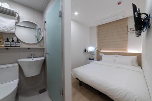 ソウルにあるHi Seoul Hostel Centralのベッドと洗面台と鏡のある寝室