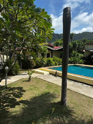 a palm tree in a yard with a swimming pool at Escape-Cabins in Ko Lanta