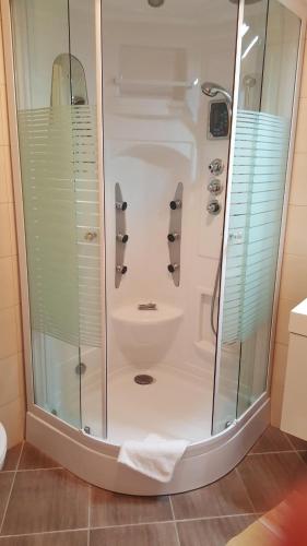 a shower stall with a sink in a bathroom at Apartment Viktoria in Zermatt
