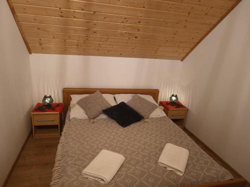 a bedroom with a bed with two night stands at Bieszczadzka Dolina u Magdy in Żołobek