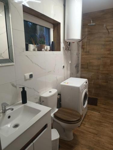 a white bathroom with a toilet and a sink at Bieszczadzka Dolina u Magdy in Żołobek