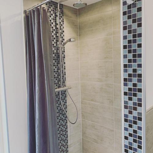een badkamer met een douche met een douchegordijn bij Ferienchalet Flößwehrtal in Bad Lauterberg